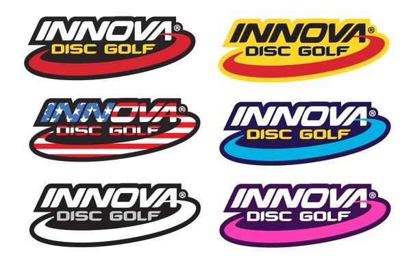 Six different colored logos of Innova Disc Golf on a white background