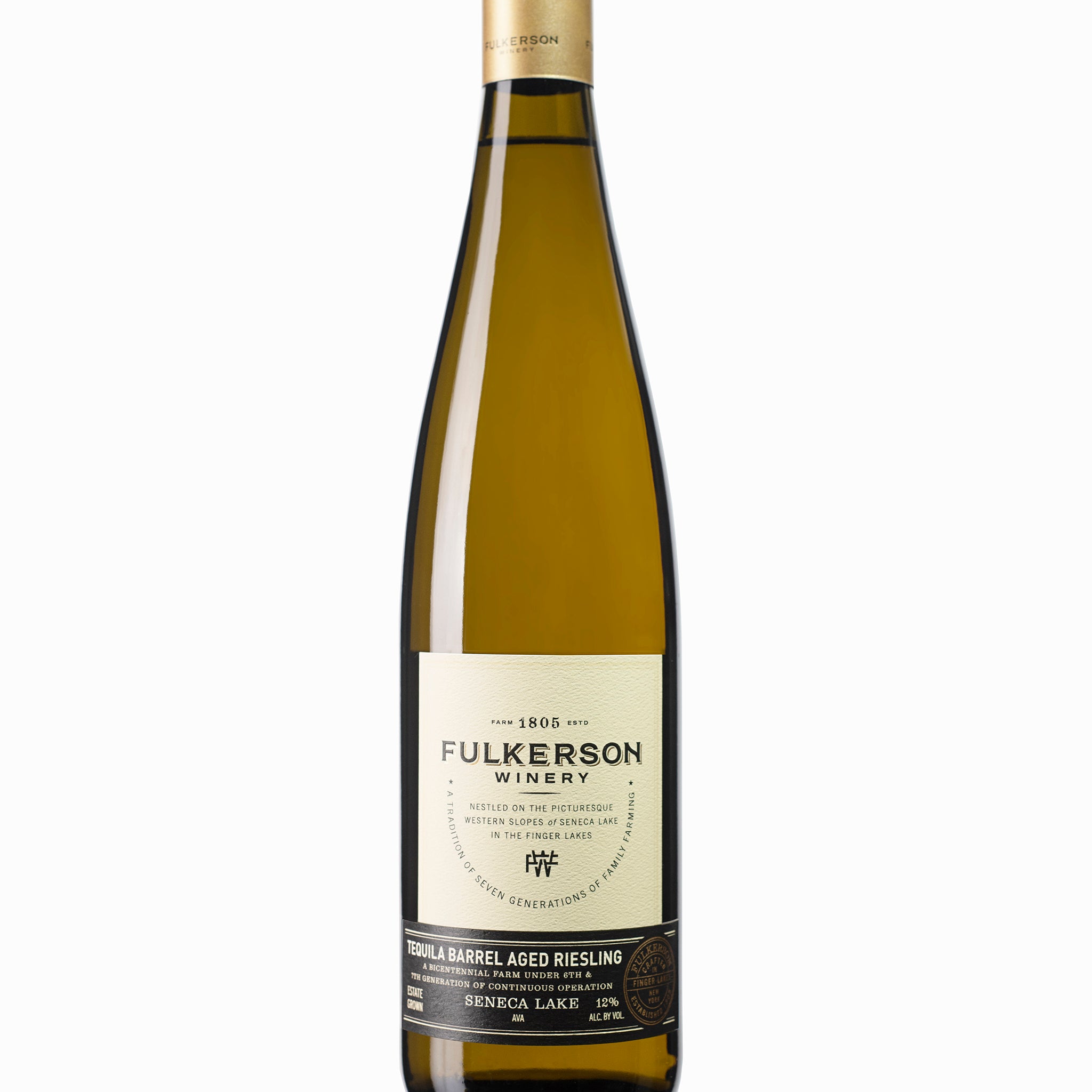 Bottle of Fulkerson Winery and farm tequila riesling on a white background