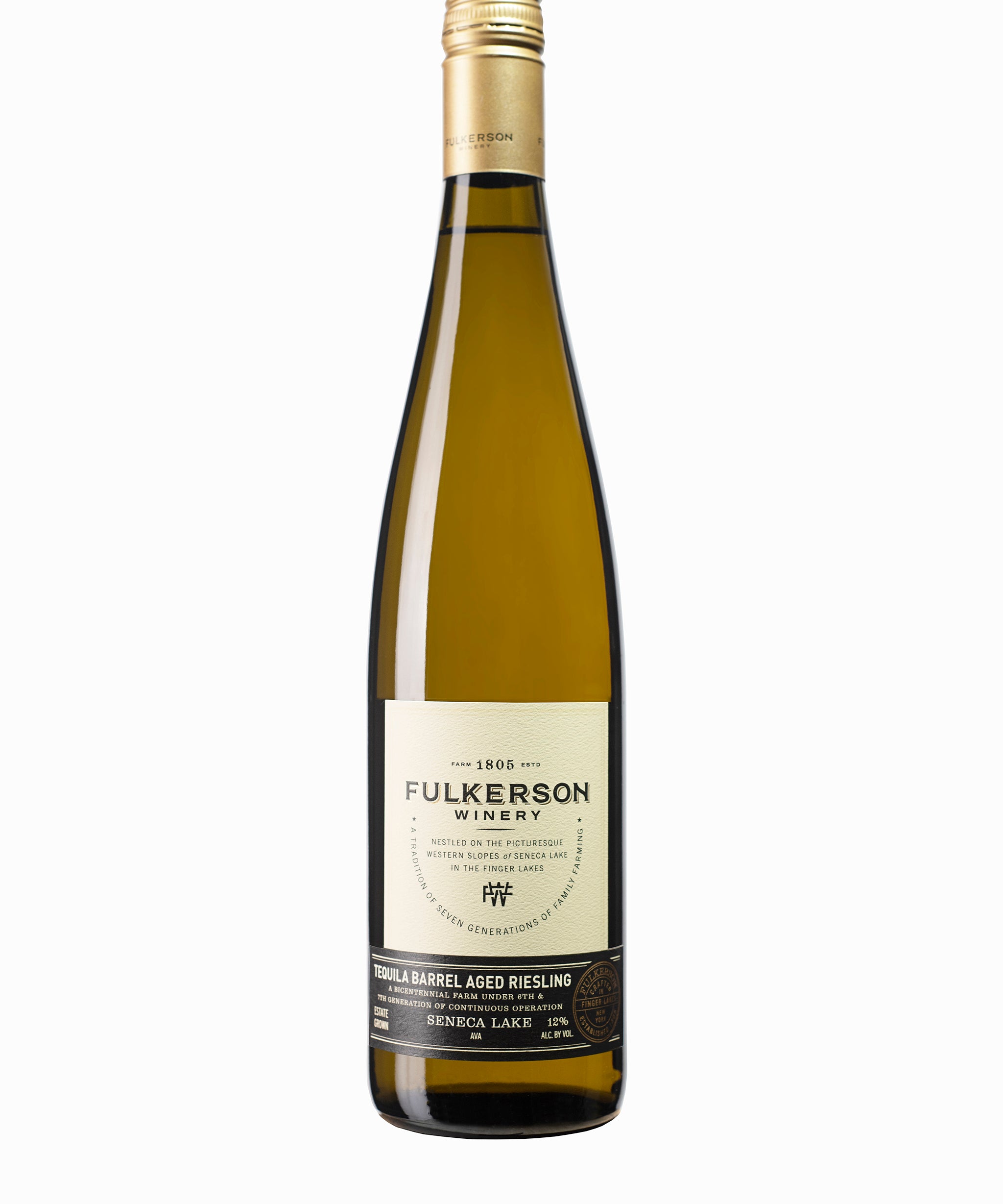 Bottle of Fulkerson Winery and farm tequila riesling on a white background