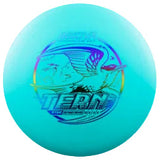 Turquoise disc golf disc with branding on a transparent background