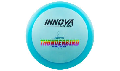Blue disc golf disc with Innova and Thunderbird branding on a transparent background