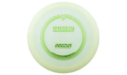 Green disc golf disc with 'Valkyrie' branding on a transparent background