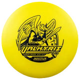 Yellow disc with a black Valkyrie with sword and shield logo on a transparent background