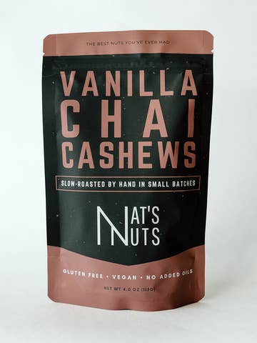 Packaging of Vanilla Chai Cashews by Nat's Nuts on a white background