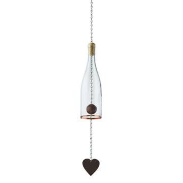 Wine bottle wind chime hanging decoration with a heart-shaped object on a white background