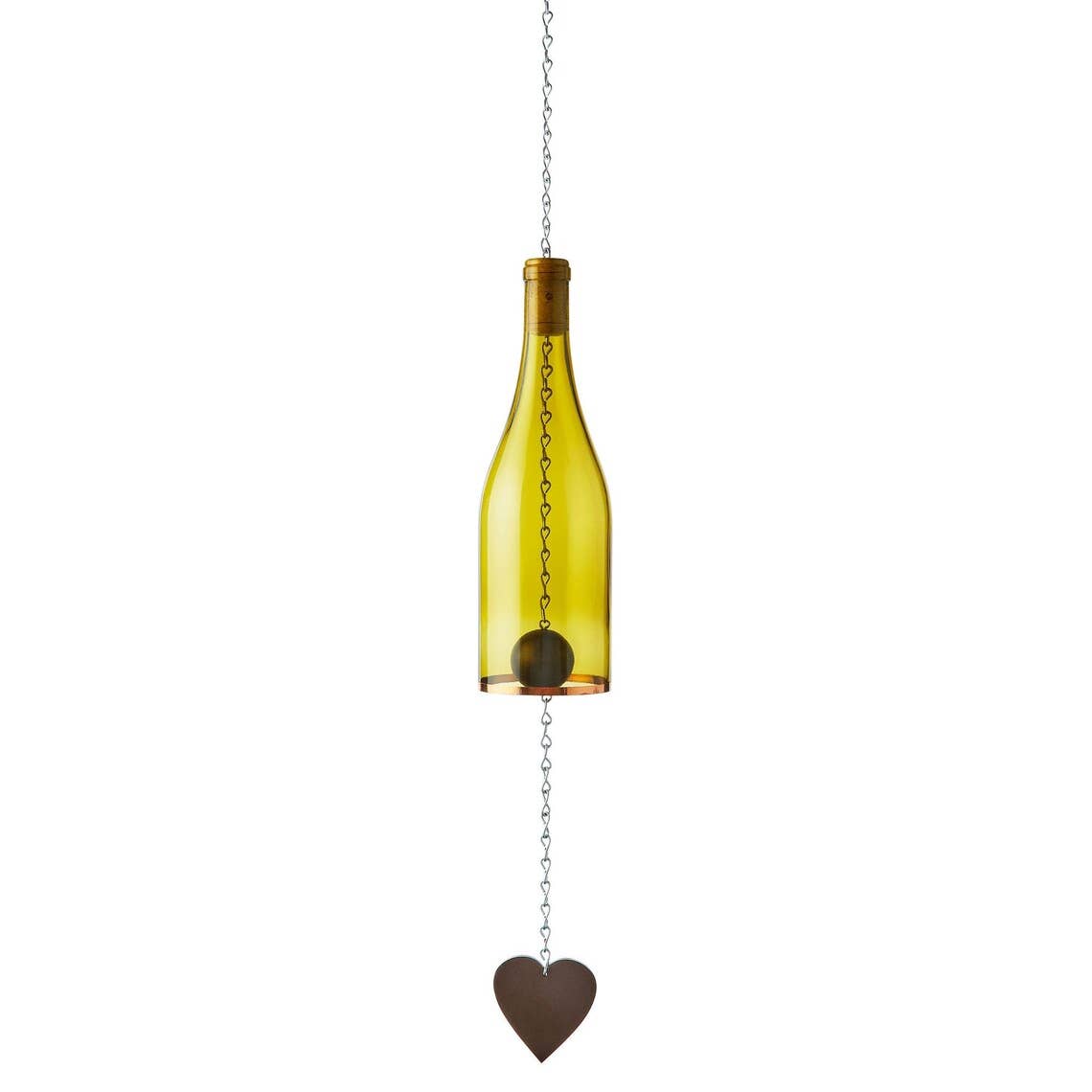 Yellow glass wine bottle wind chime with a heart-shaped weight hanging on a white background