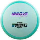Teal "WOmbat3" disc golf disc with 'Innova' branding on a transparent background