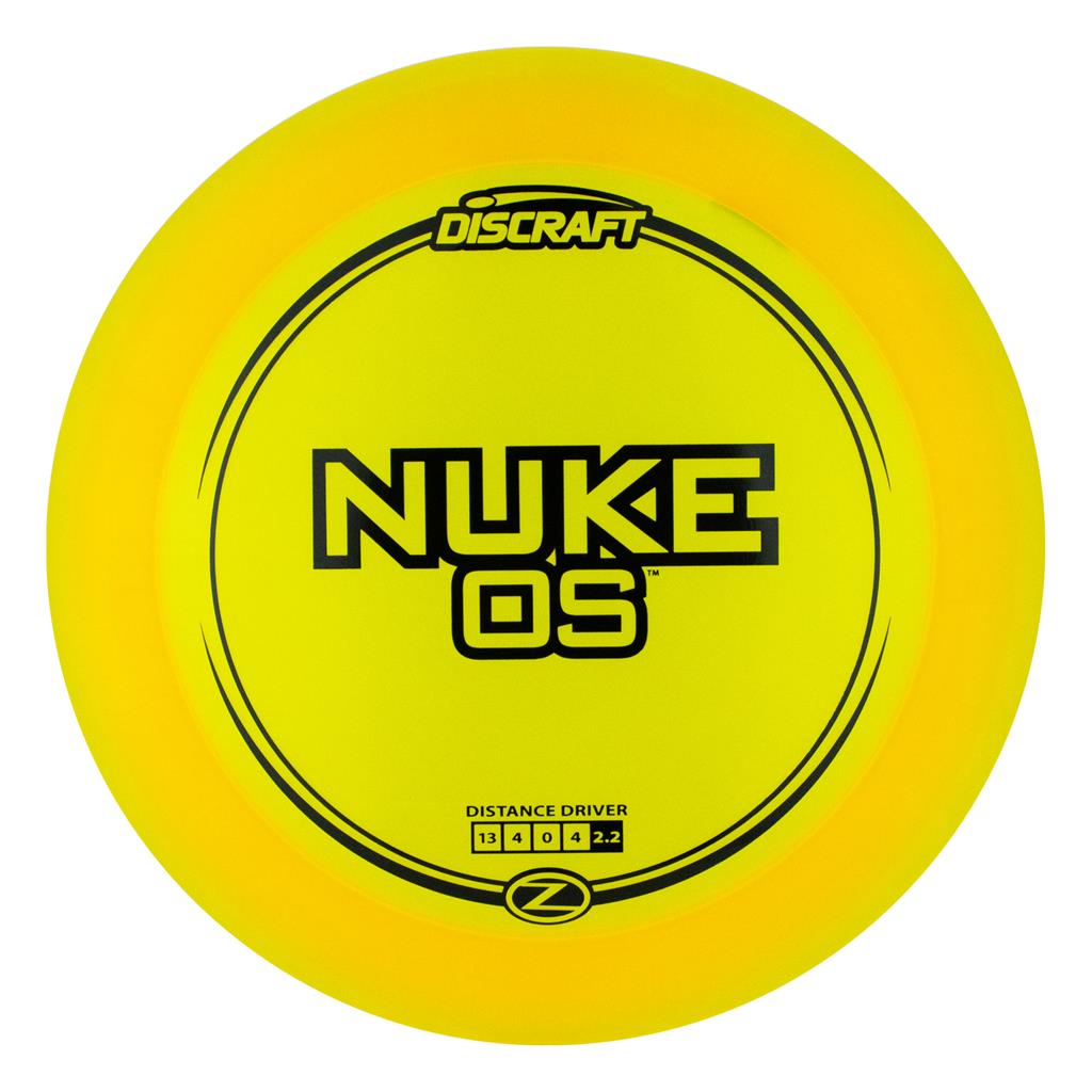 Yellow Discraft Nuke OS disc golf disc on a white background
