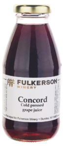 10 ounce red grape juice bottle with white label "Concord cold pressed grape juice" with gold cap.