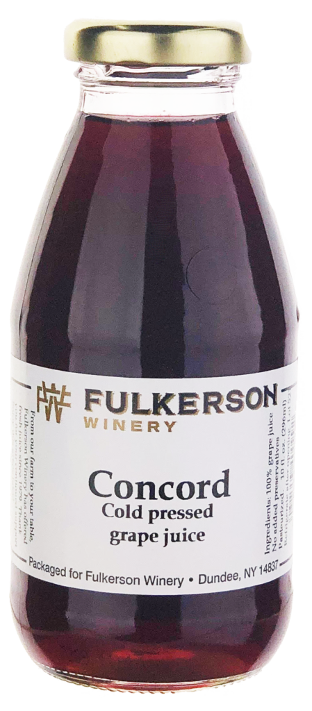 10 ounce red grape juice bottle with white label "Concord cold pressed grape juice" with gold cap.