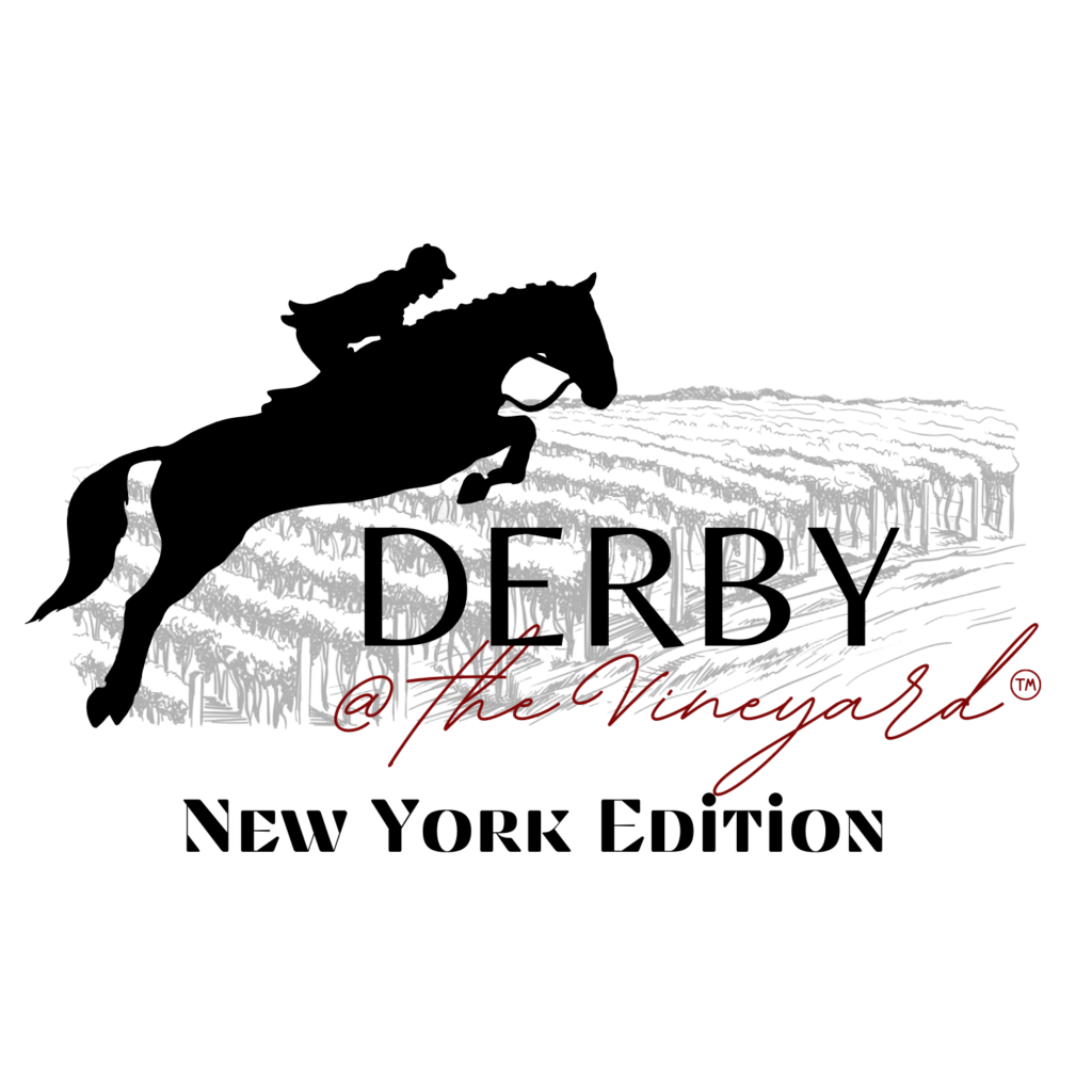 Derby logo, horse jumping over a vineyard with words "derby at the vineyard New York Edition below it"